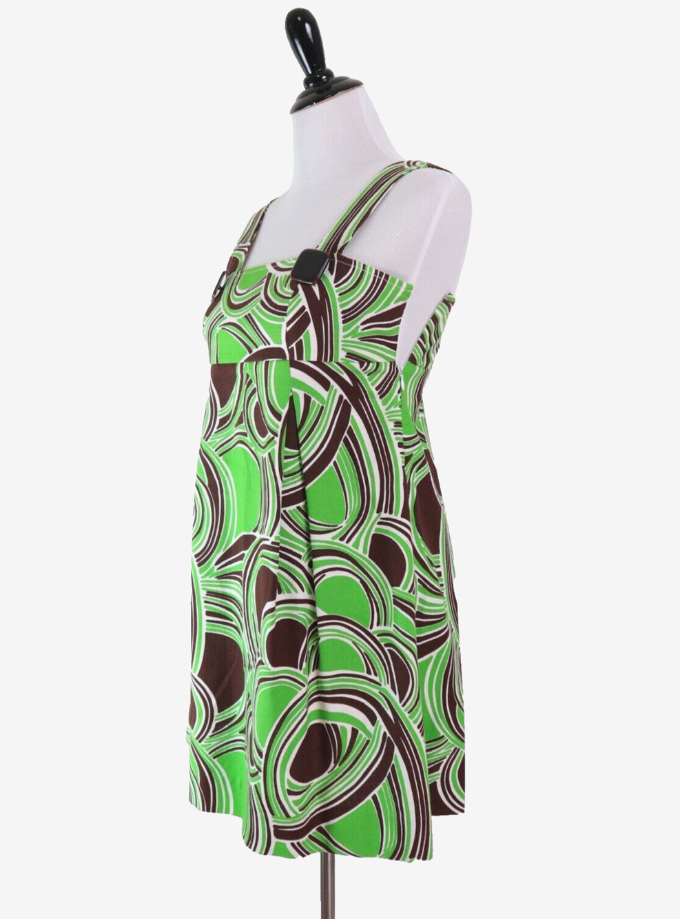 Tibi Size 4 Geometric Print 60s Style Mini Dress Cotton Green Brown